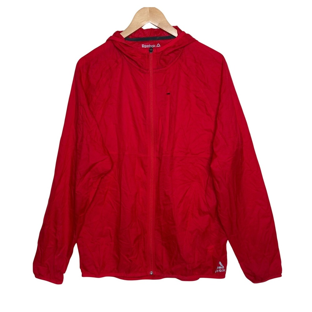 Reebok Lightweight Full Zip Hooded Windbreaker Jacket size Large Red/White Nylon